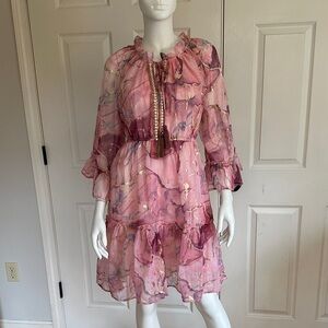 Debbie Katz Pink Print Tiered Chiffon Dress with Gold accents